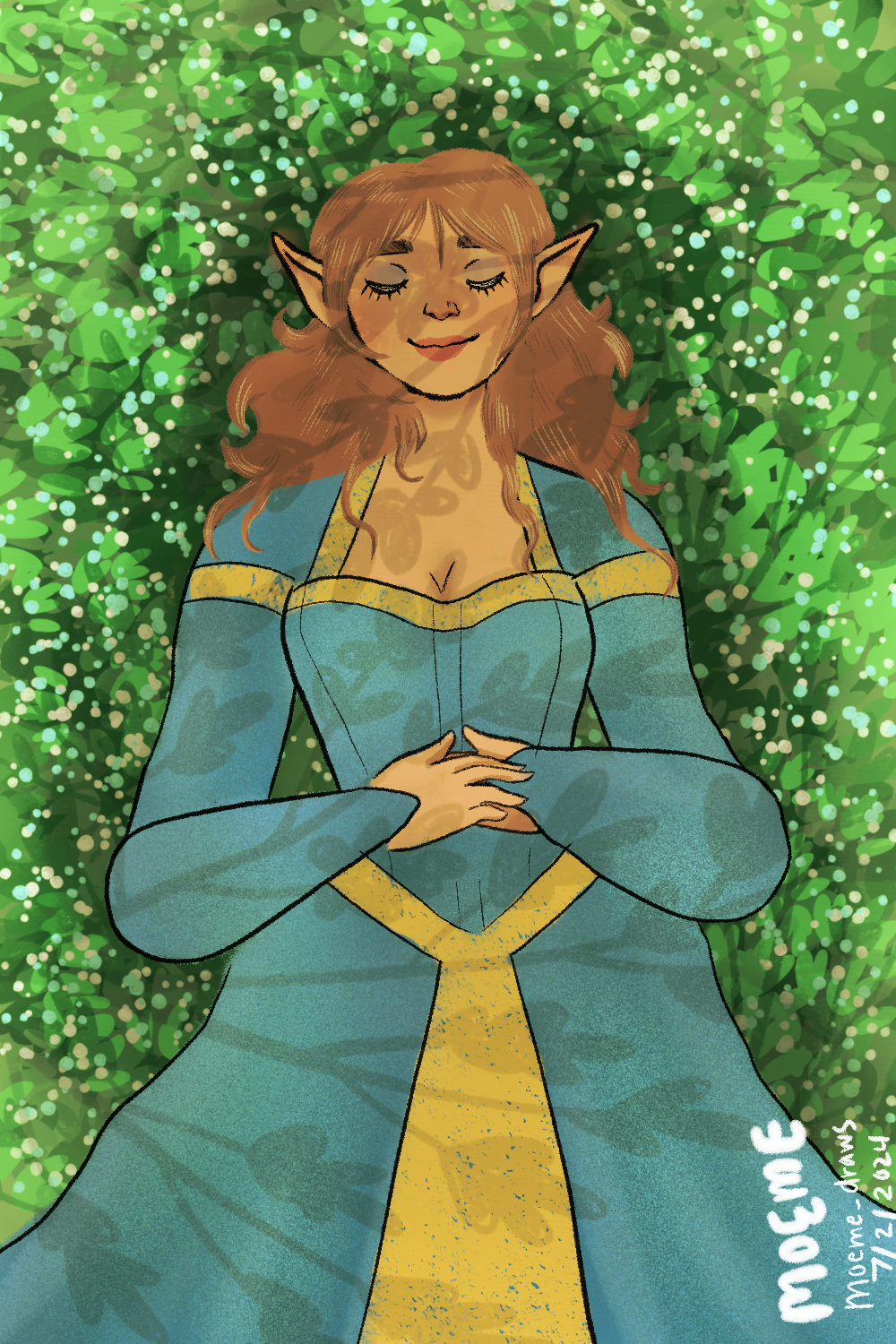 An elf with long, wavy brown hair, closed eyes, and a peaceful smile, lying on a bed of green leaves and small white flowers.
