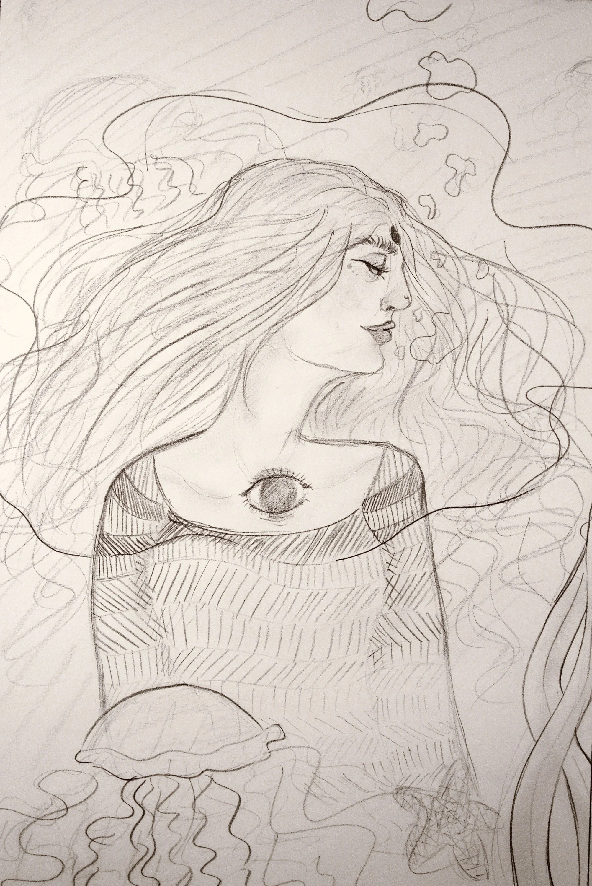 A pencil sketch of a woman with long, flowing hair, her eyes closed and a peaceful expression. She has a decorative bindi on her forehead, and her shoulder is visible. Under her eye, a star is drawn. The background includes abstract wavy lines, and a