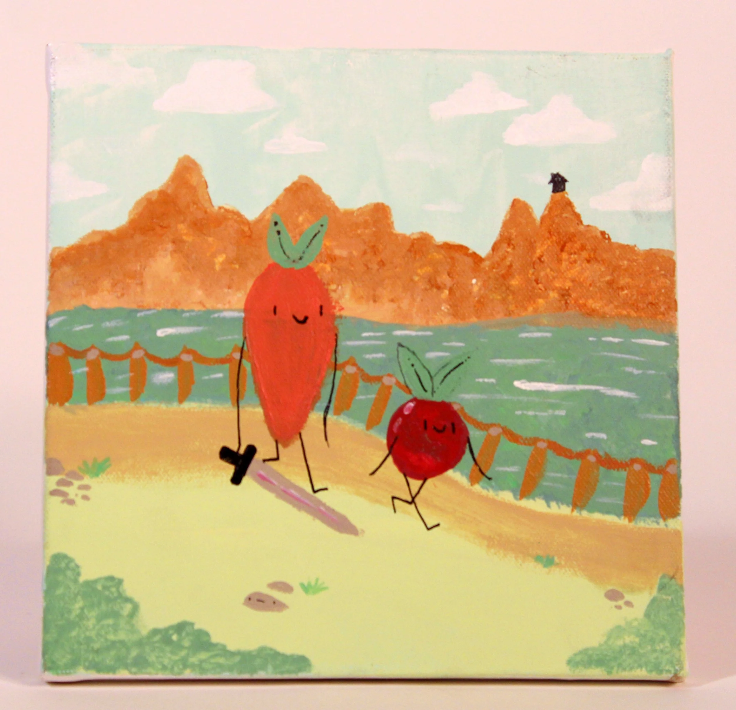 Illustration of a vegetable and a fruit with happy faces walking along a path by a lake with mountains in the background.