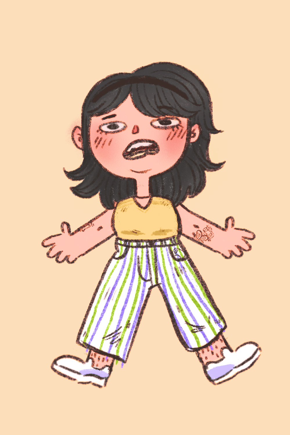A cartoon illustration of a girl with black hair, wearing a yellow top, striped pants, and white shoes, with an expressive face and arms outstretched.