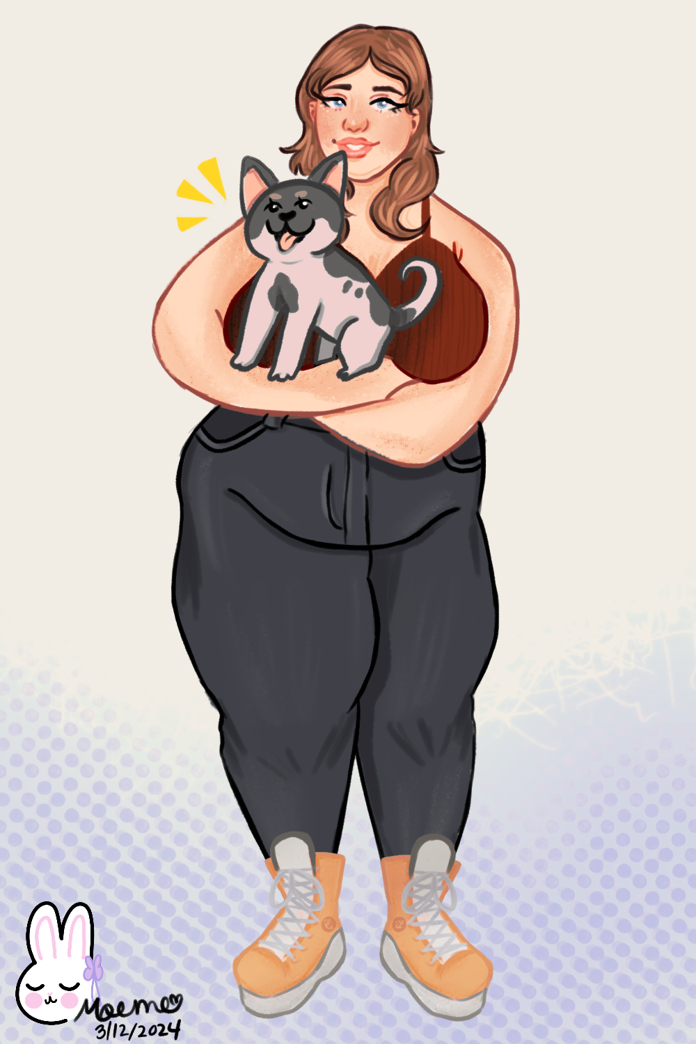 Illustration of a woman standing with crossed arms, holding a cartoonish gray and white dog, with a bunny illustration and signature in the bottom left corner.