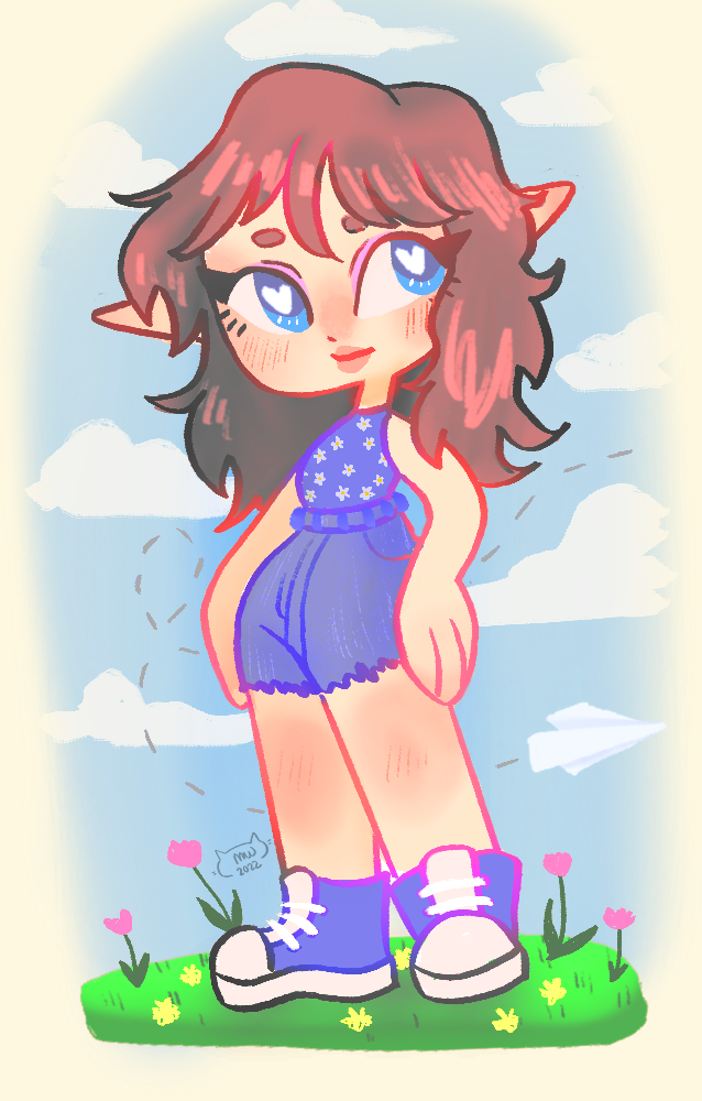 A cute cartoon girl with elf ears and big blue eyes, wearing a blue top with stars, matching shorts, and large blue sneakers, standing on a grassy patch with small flowers under a sky with clouds.