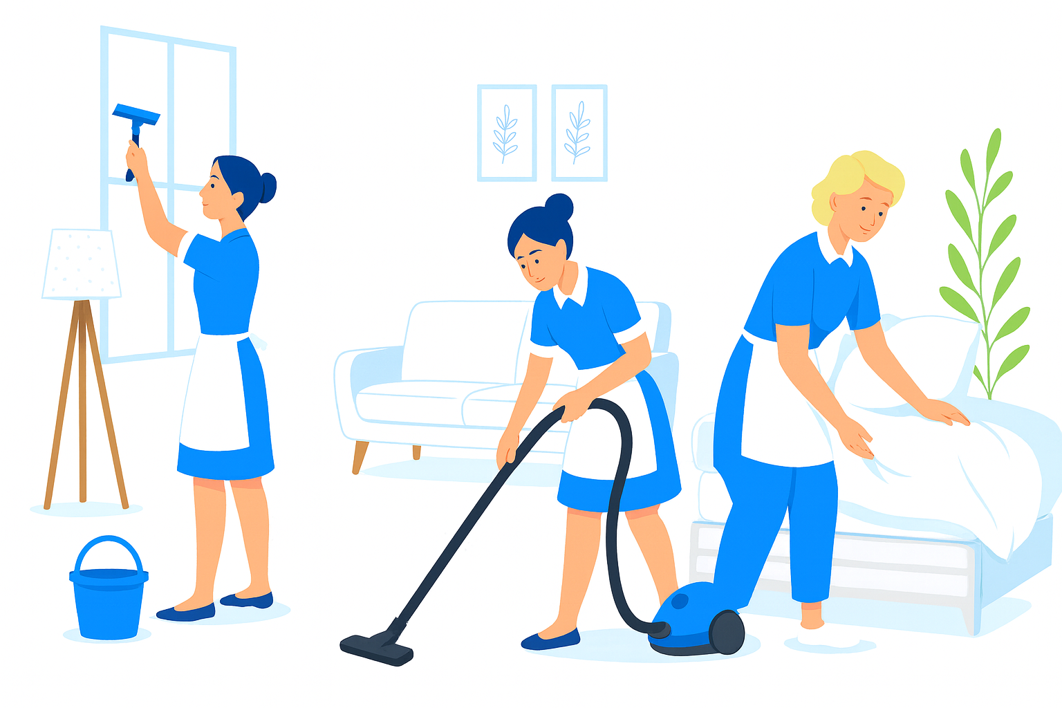 Three women in blue uniforms cleaning a living room; one is washing a window with a squeegee, the second is vacuuming the floor, and the third is making a bed.