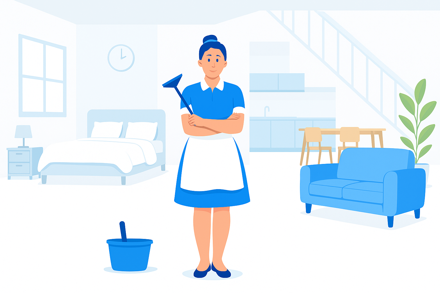 A woman dressed as a maid standing in a living room, holding a mop with a bucket nearby. The room has a bed, nightstand, sofa, dining table with chairs, kitchen area, clock, window, and a large plant.
