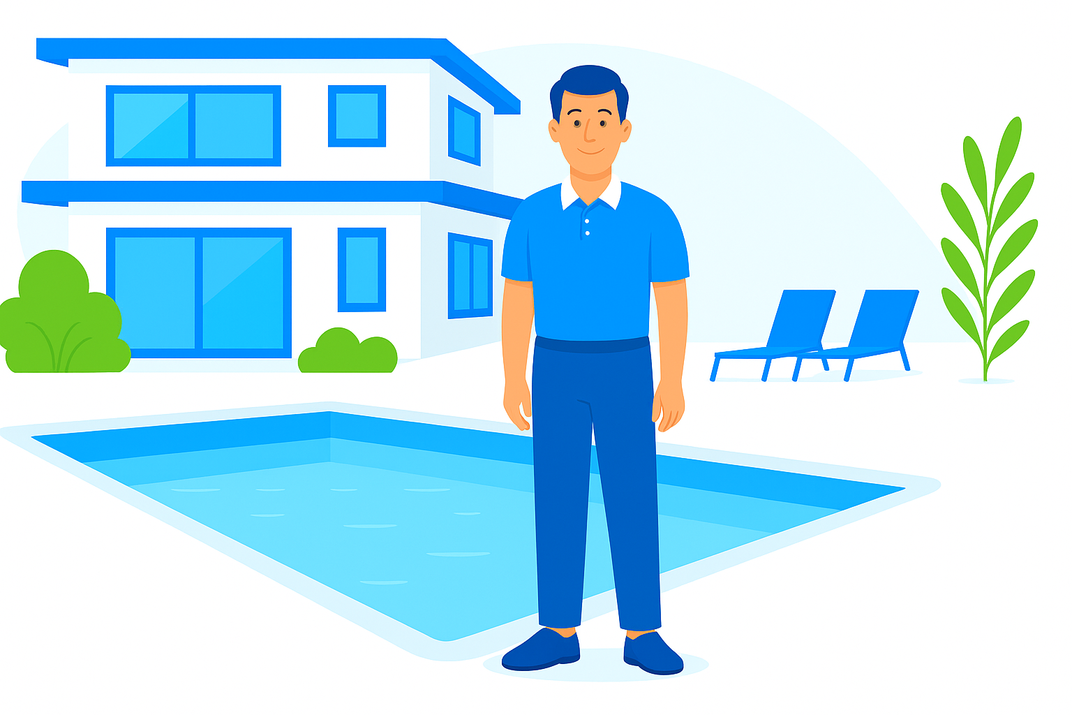 A man standing next to a swimming pool in a backyard with a modern house, lounge chairs, bushes, and a tall plant.