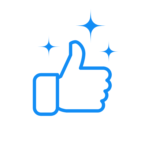 Blue thumbs-up icon with sparkling stars around it