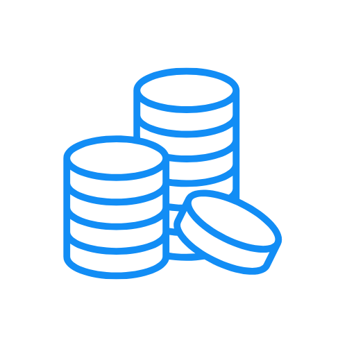 Icon of stacked coins in blue.