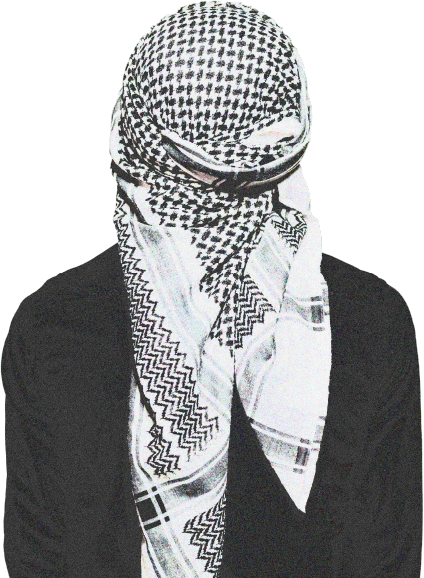 Person wearing a keffiyeh covering their face and head, dressed in a dark suit against a black background.