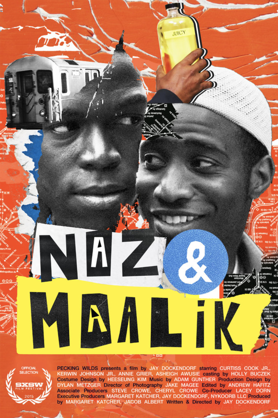 Cover of film "Naz & Maalik." Collage featuring two young men, one in a knitted white cap (kufi), a hand holding a yellow juice bottle labeled 'Juicy', an image of a train, set against an orange background.