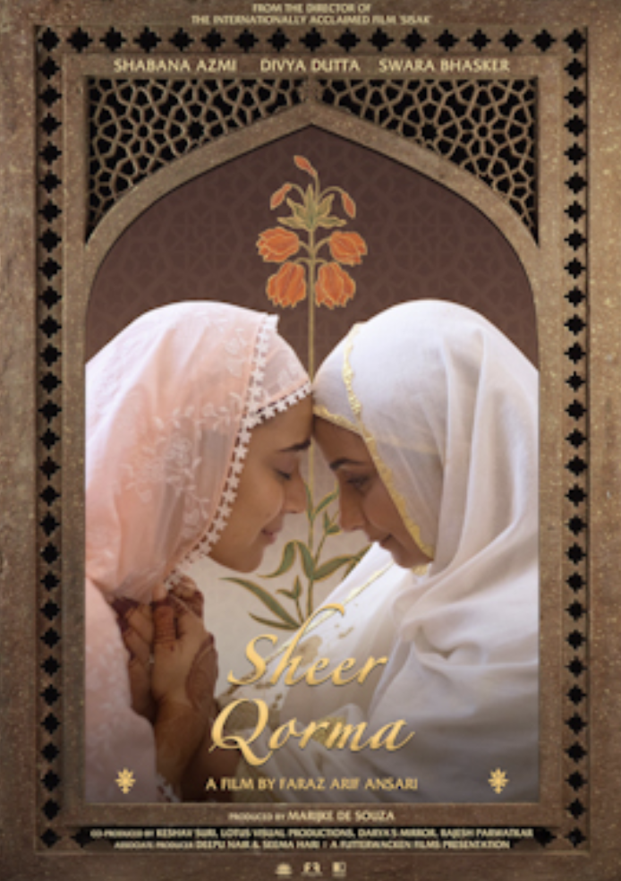 A movie poster titled "Sheer Qorma," featuring two women in hijabs touching foreheads, with an orange flower emerging from between them and Islamic geometric patterns bordering the poster..