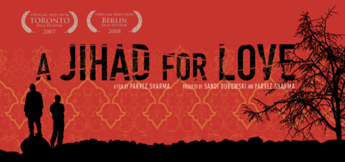 Leafless tree on left and outline of two people on right against reddish-orange background, with words "A Jihad for Love" in big black text slashed through.