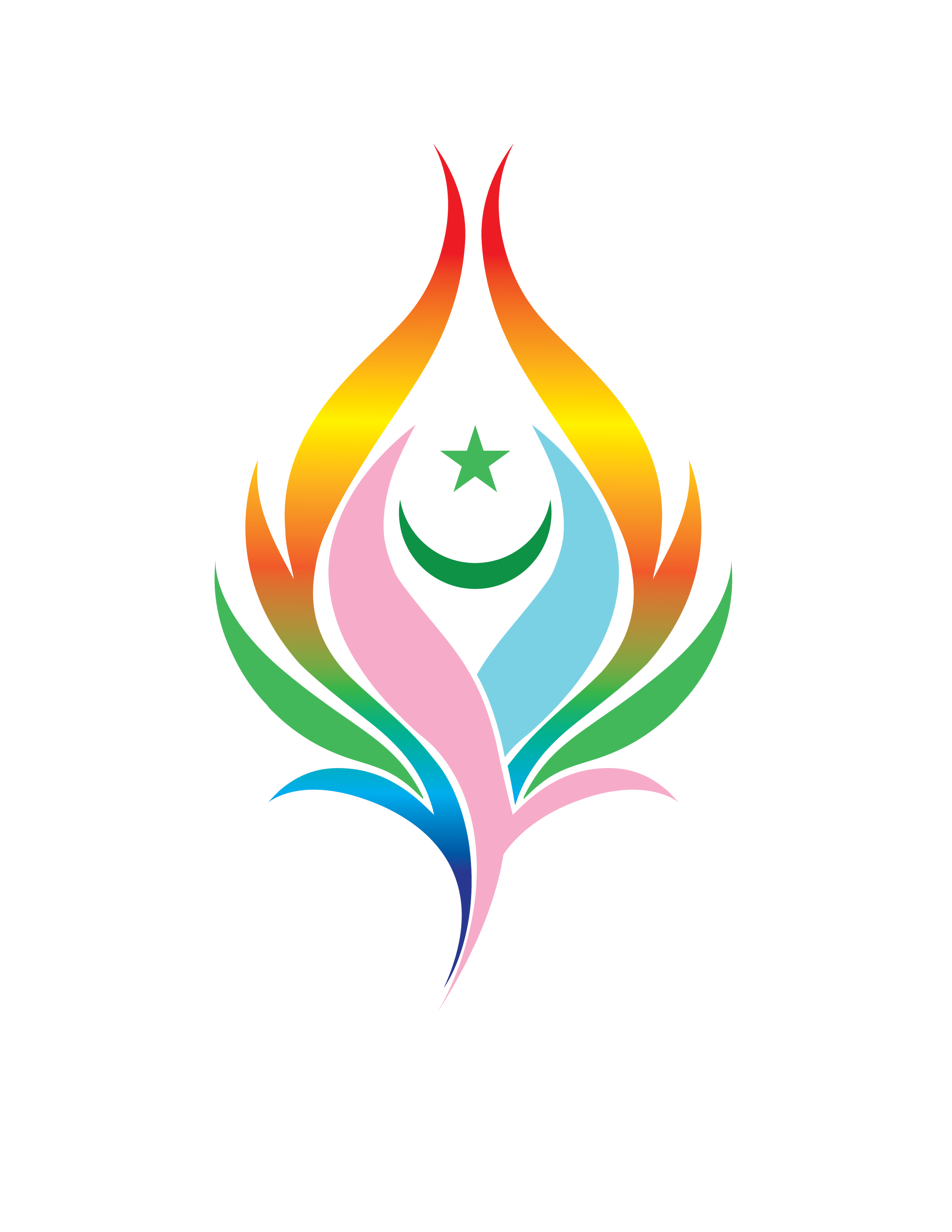 Colorful emblem with flame shapes, a green star, crescent, and a pink petal in the center.