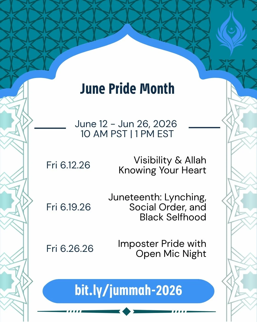 Friday, June 12th
Friday, June 19th
Friday, June 26th
@ 1:00 pm et | 12:00 am ct | 10:00 am pst
Register: bit.ly/jummah-2026

June Pride Month

Join us for our 3 Jummahs during Pride Month! This program specifically centers a Global Majority, Trans, 