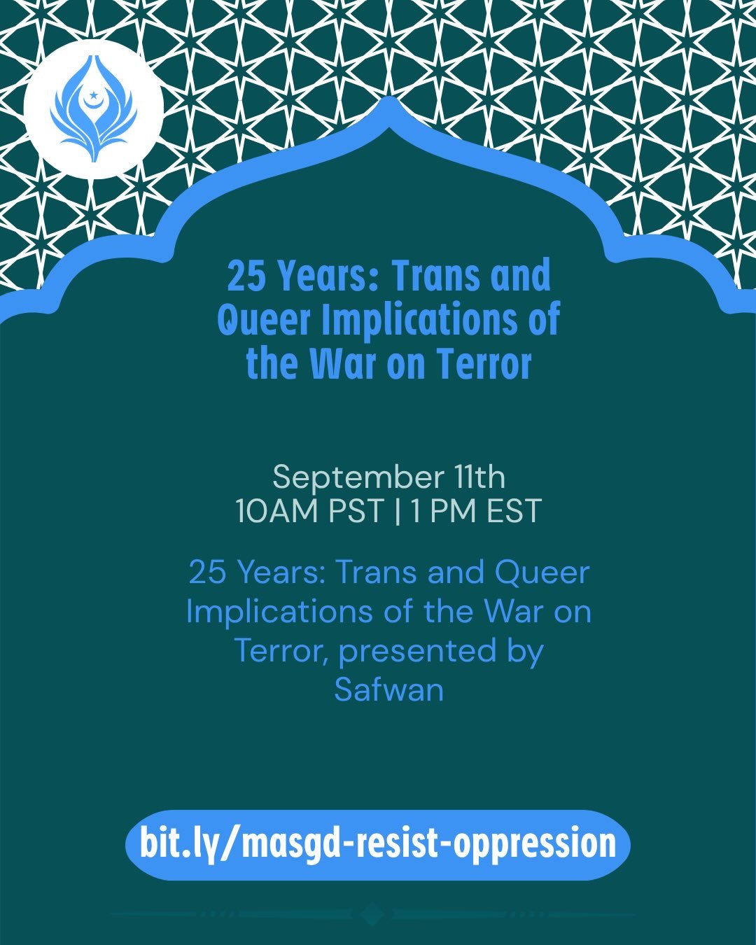 Thank you to all who were able to join for our Jummah yesterday focusing on Prayer and Community. 

Please join us next week for our next Jummah in our Resisting the Playbook of Oppression series, 25 Years: Trans and Queer Implications of the War on 