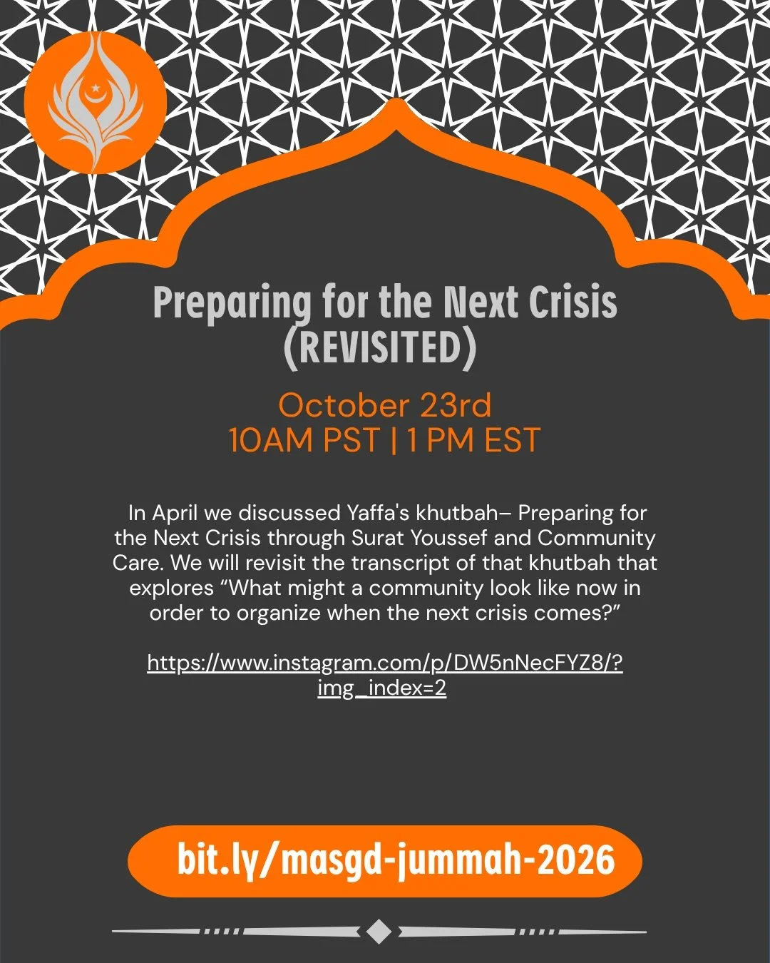 Join us for our third Jummah in our October series, Integration and Harvesting!

Date: Friday, October 23rd
Time: 10 AM PT | 1 PM ET
Register: bit.ly/masgd-integrate-harvest

Preparing for the Next Crisis, Revisited: In April we discussed Yaffa&rsquo