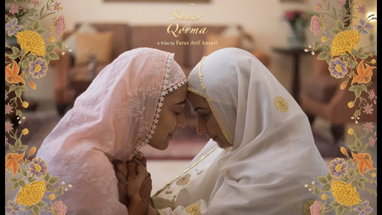 A movie poster titled "Sheer Qorma," featuring two women in hijabs touching foreheads, with an orange flower emerging from between them and Islamic geometric patterns bordering the poster..