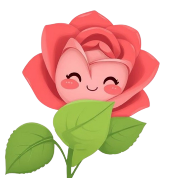 Pink flower with pronounced petals on a bright green stem holding 3 leaves. Flower includes smiling, blushing face.