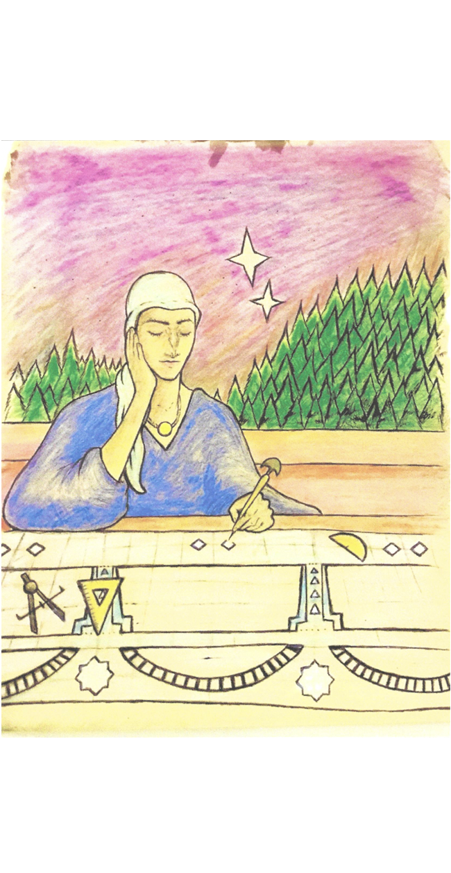 Person in blue using geometry tools against a pink background resembling a sunset and a pine tree forest.