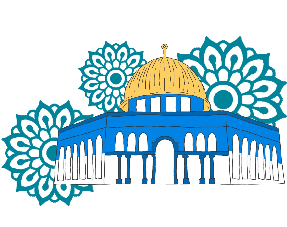 Masjid Al-Aqsa (in Jerusalem) with a yellow dome, half-blue and half-white walls, and 3 sea blue flowers in the background.