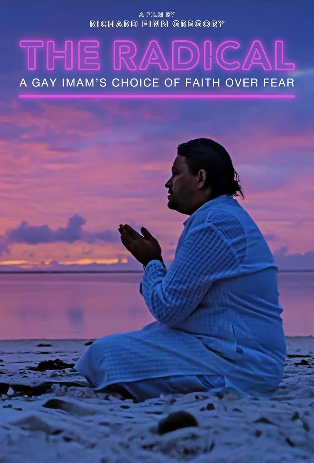 Imam Muhsin Hendricks sitting on sand making du'ua. Behind them is a pink sunset and a beach, with 'The Radical: A Gay Imam's Choice of Faith Over Fear' at the top.