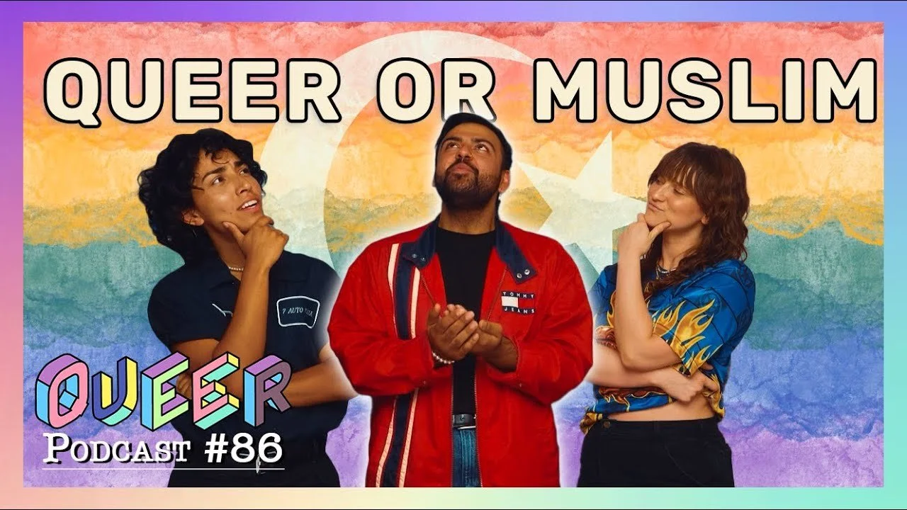 A colorful graphic promoting the Queer or Muslim podcast, featuring three people thinking against a rainbow background with a white crescent moon and star.