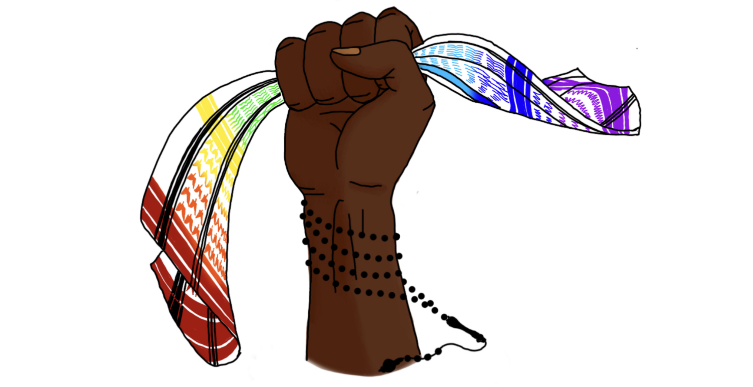 Brown fist holding a rainbow kuffiyah with a beaded bracelet on wrist.