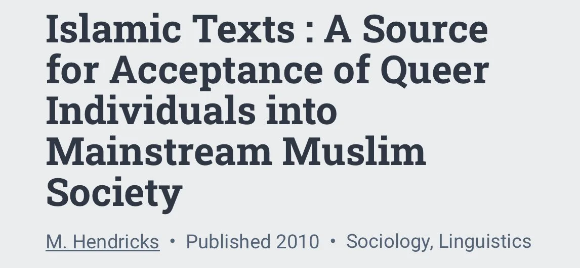 Screenshot of an article titled "Islamic Texts: A Source for Acceptance of Queer Individuals into Mainstream Muslim Society" by Imam Muhsin Hendricks.
