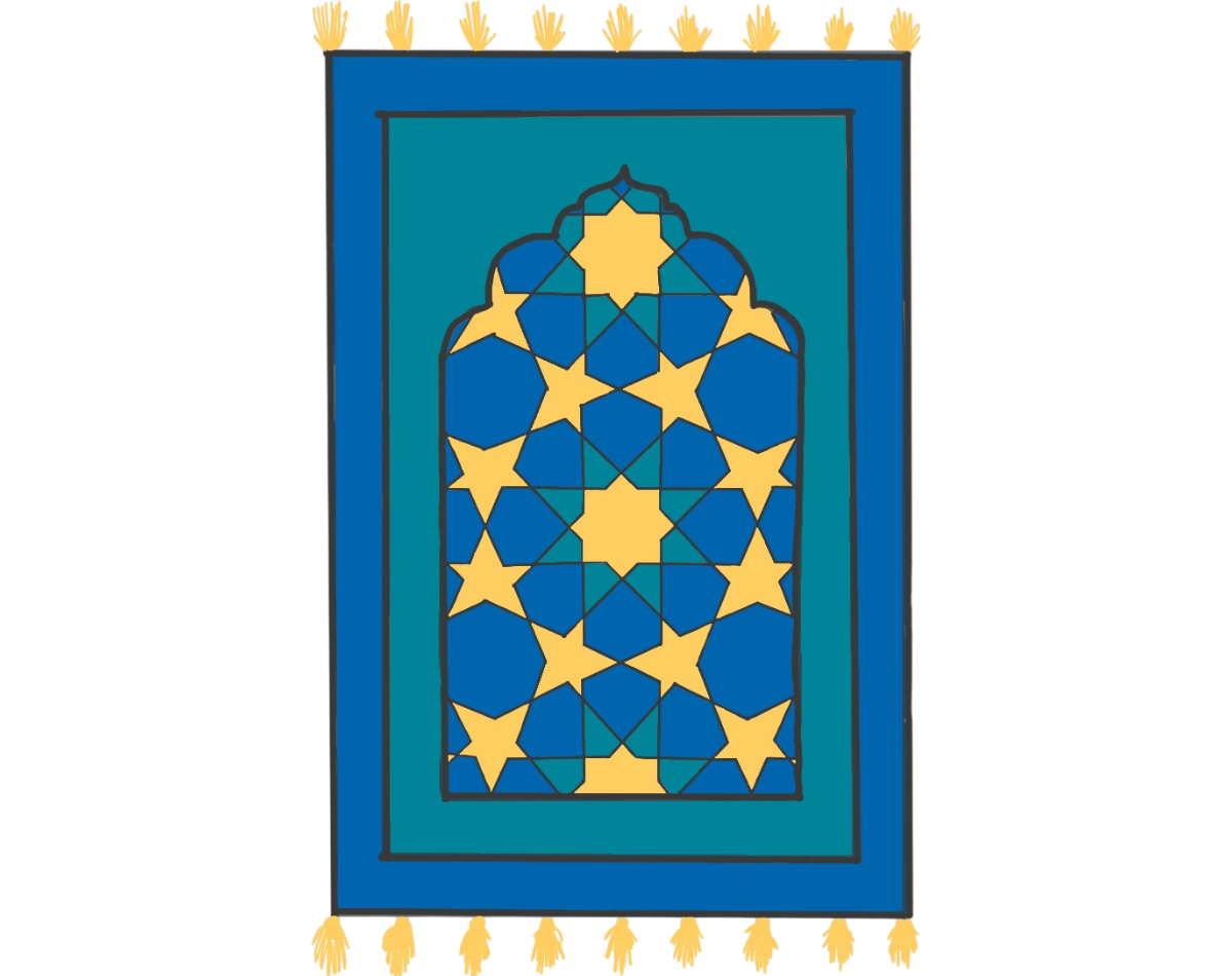 Prayer mat with yellow tassels (resembling hands), featuring a geometric yellow and blue pattern in the center.
