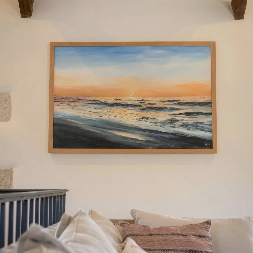 Coastal art above sofa inside Stargazey, inspired by the Cornish sea.