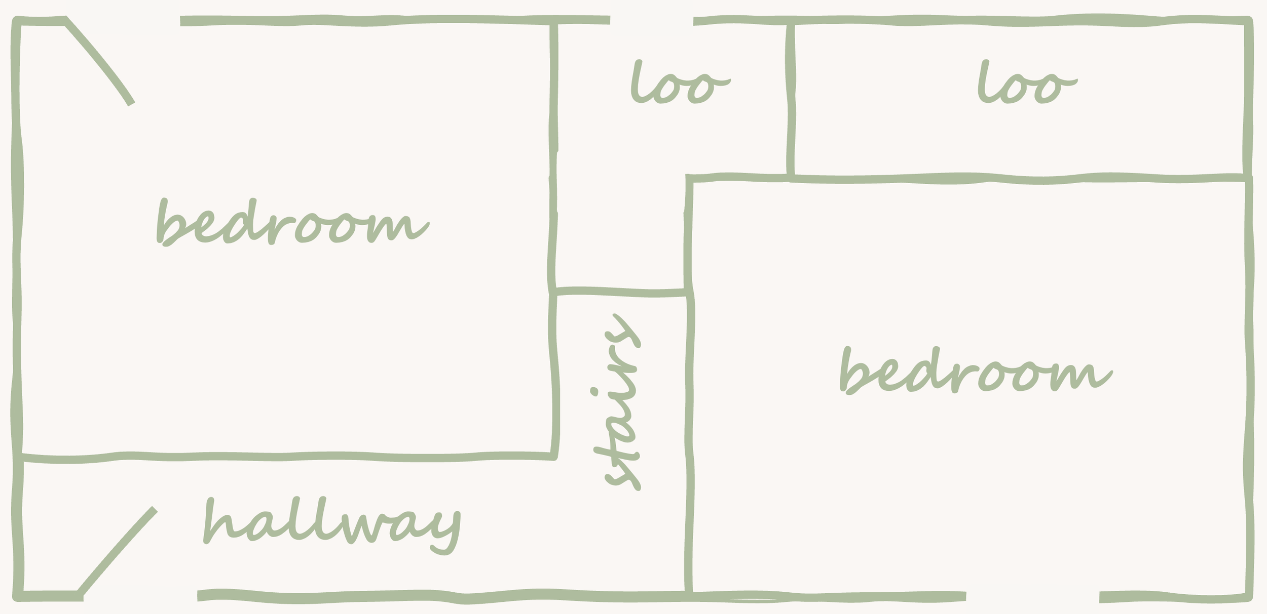 A floor plan of a house incluides two bedrooms, a hallway, a staircase, and two small rooms labeled 'loo'.