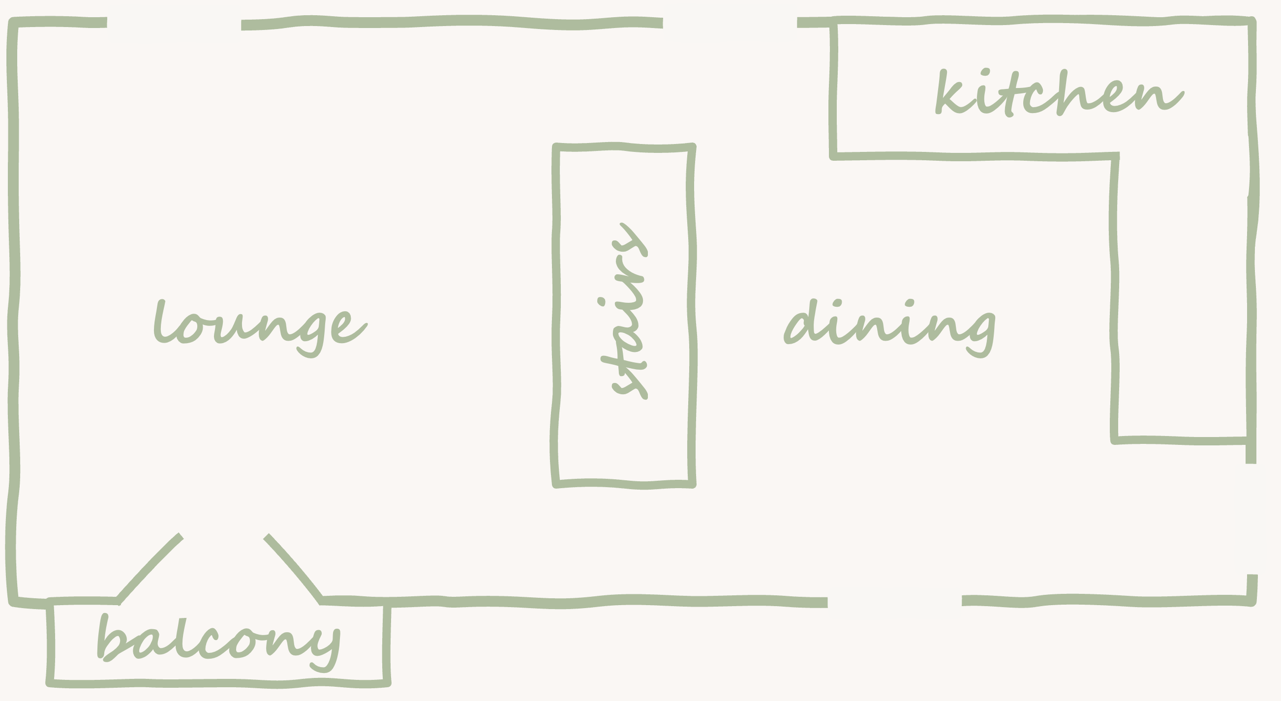 A floor plan of a house includes a lounge, balcony, stairway, dining area, and kitchen.
