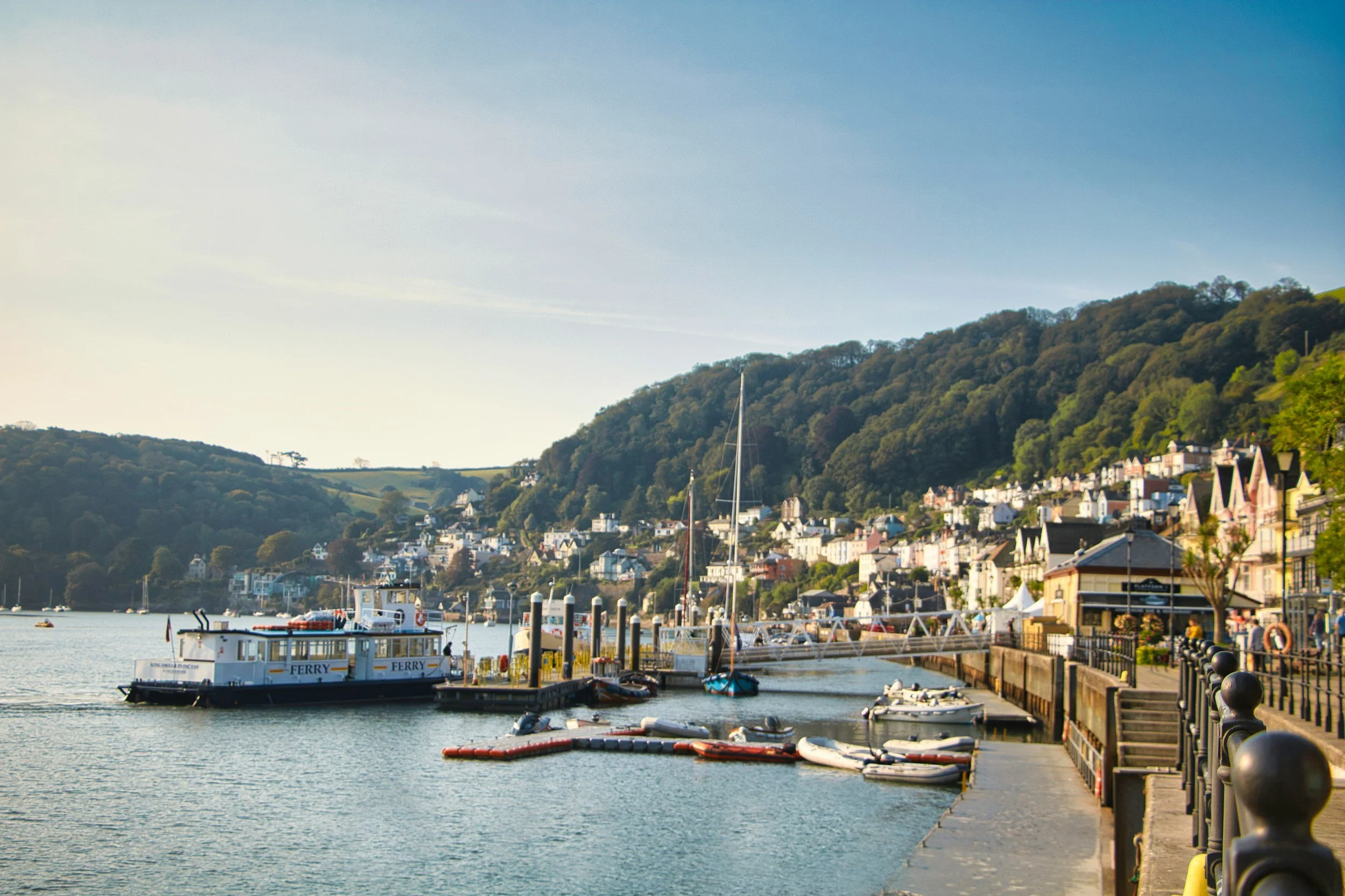 Harbor with docked boats and a ferry, hillside town with houses, trees, and a walkway railings in a scenic waterfront setting.