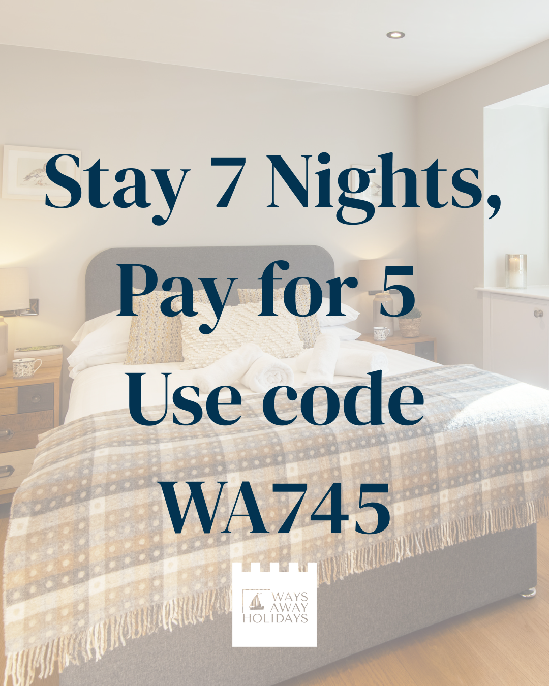 Hotel room with bed, pillows, nightstands, lamps, and decorative items, promoting a stay special offer.