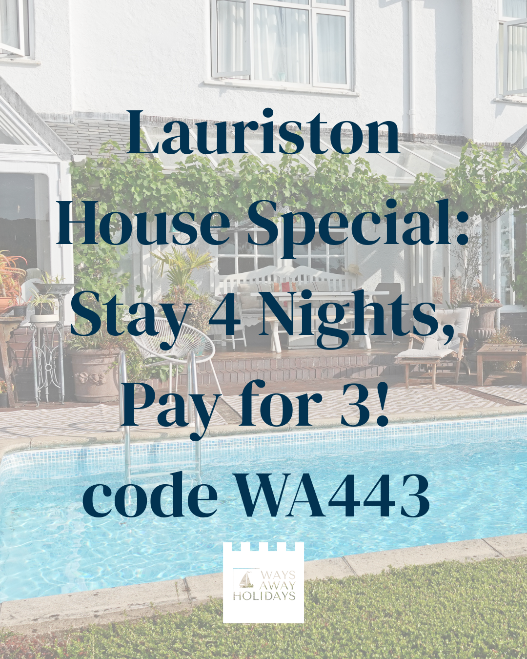 Advertisement for a house stay offer showing a backyard with a swimming pool and outdoor furniture, overlaid with promotional text.