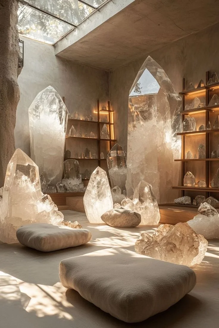 Interior of a space with large, clear quartz crystals, cushioned floor seating, and wooden shelves displaying smaller crystals, illuminated by natural light from a skylight.