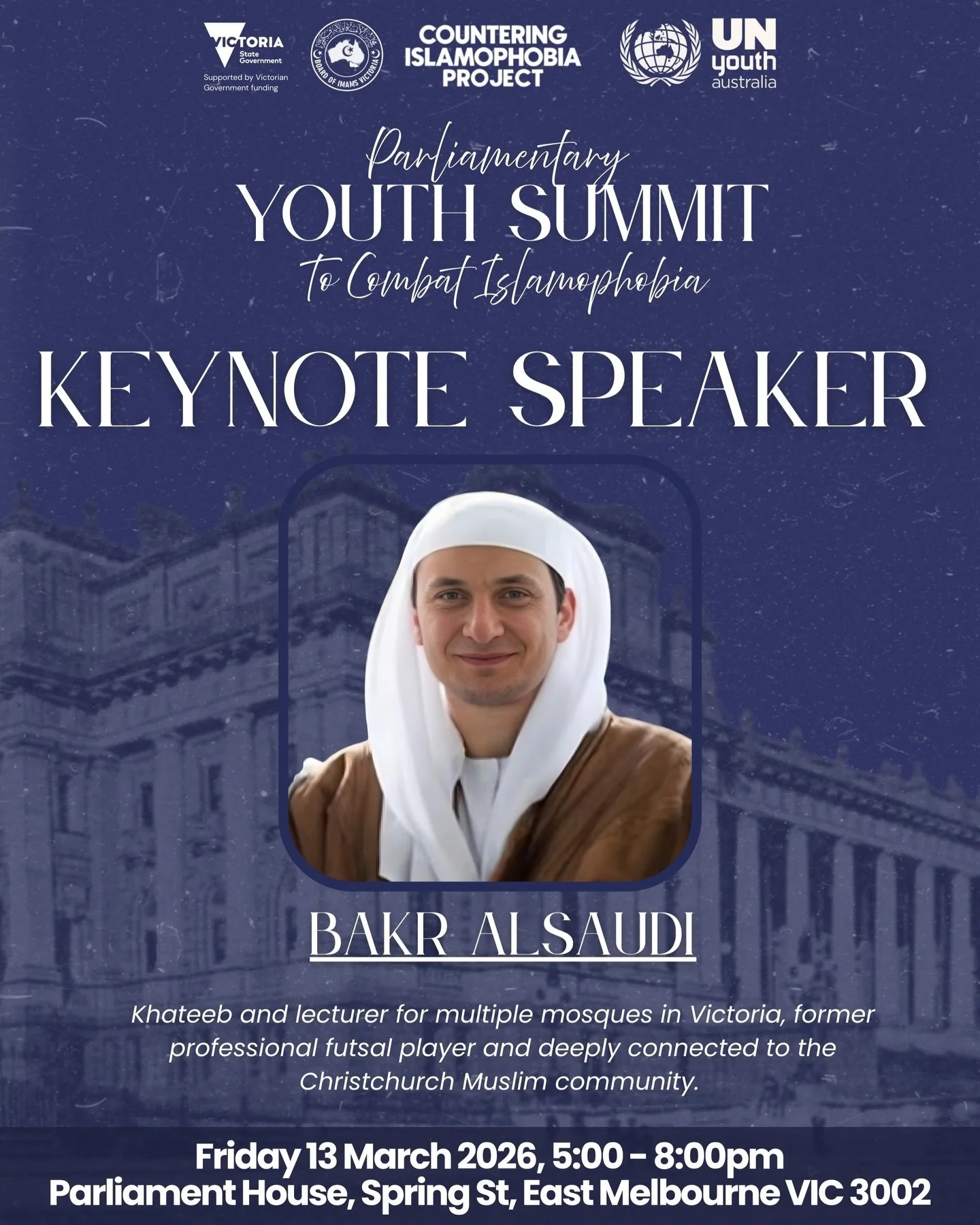 We&rsquo;re honoured to welcome Bakr AlSaudi as our keynote speaker at the Parliamentary Youth Summit to Combat Islamophobia! 🙌

A respected khateeb and lecturer, Bakr brings both deep knowledge and lived experience to this important conversation. H