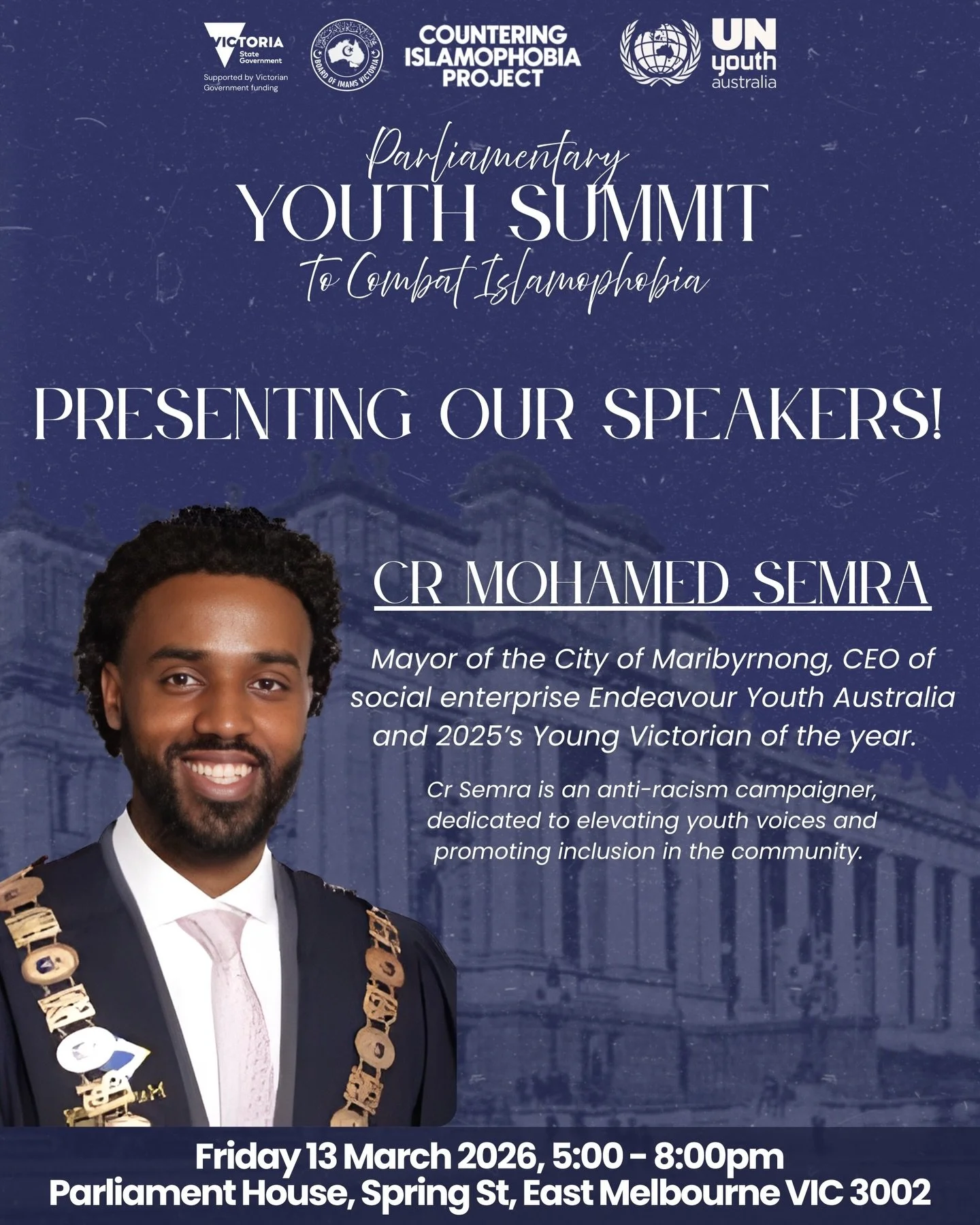When communities normalise prejudice, how do youth become the spark that challenges these narratives? 🌟

We&rsquo;re honoured to reveal our final panelist&hellip; Cr Mohamed Semra! 🎉

As Mayor of the City of Maribyrnong and Young Victorian of the Y
