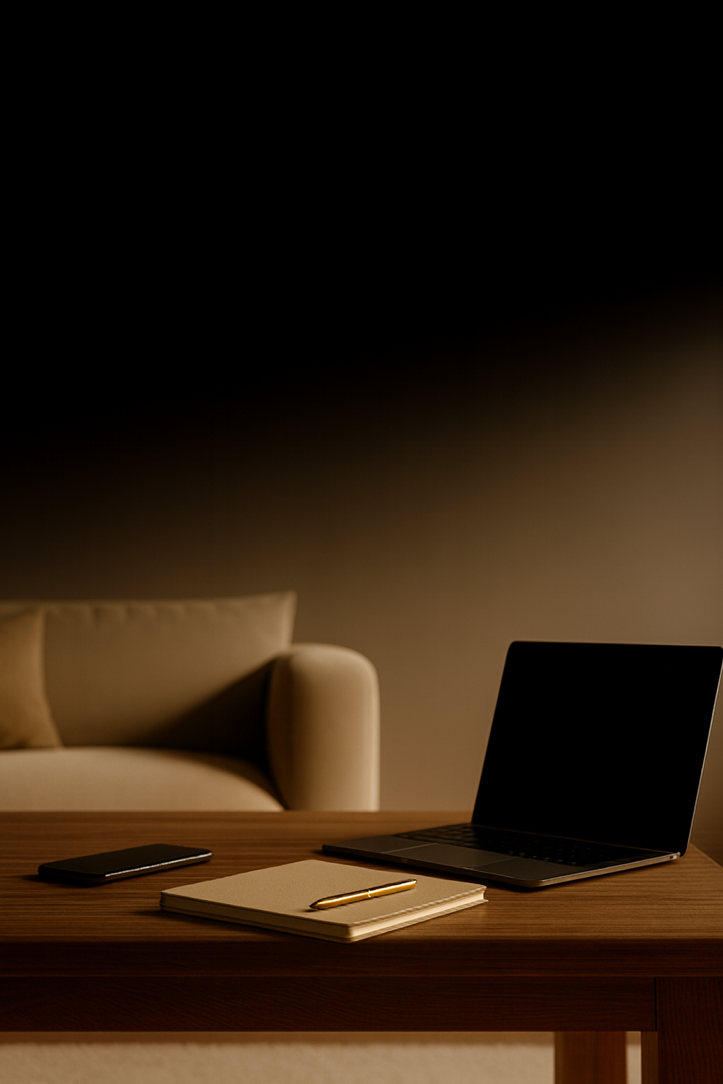 A beige sofa with a matching pillow, a laptop, a smartphone, a closed notebook, and a gold pen placed on a wooden table in a dimly lit room.