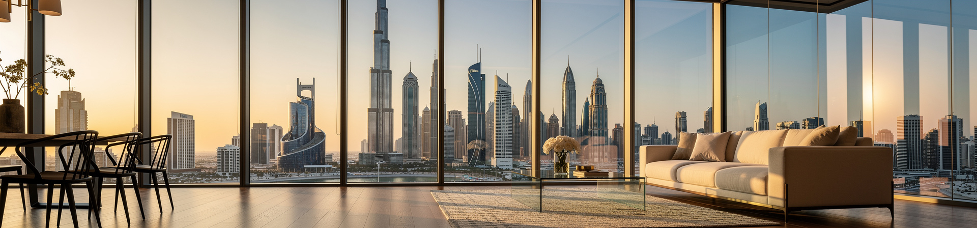 Modern living room with floor-to-ceiling windows overlooking a city skyline at sunset. Features a white sofa, glass coffee table with flowers, a dining area with black chairs, and a potted plant.