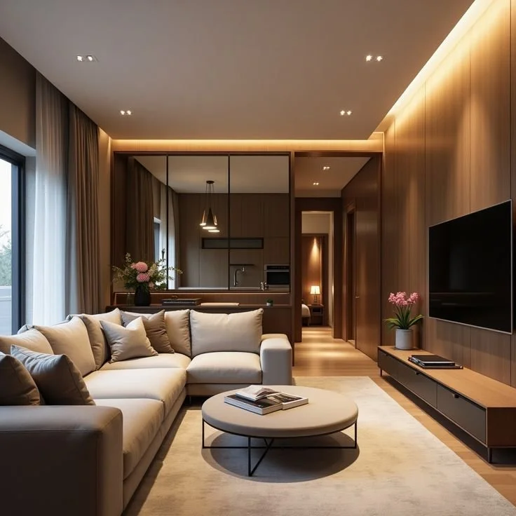 Modern living room with beige sectional sofa, round coffee table with magazines, wall-mounted TV, wooden wall paneling, large window with curtains, and warm lighting.