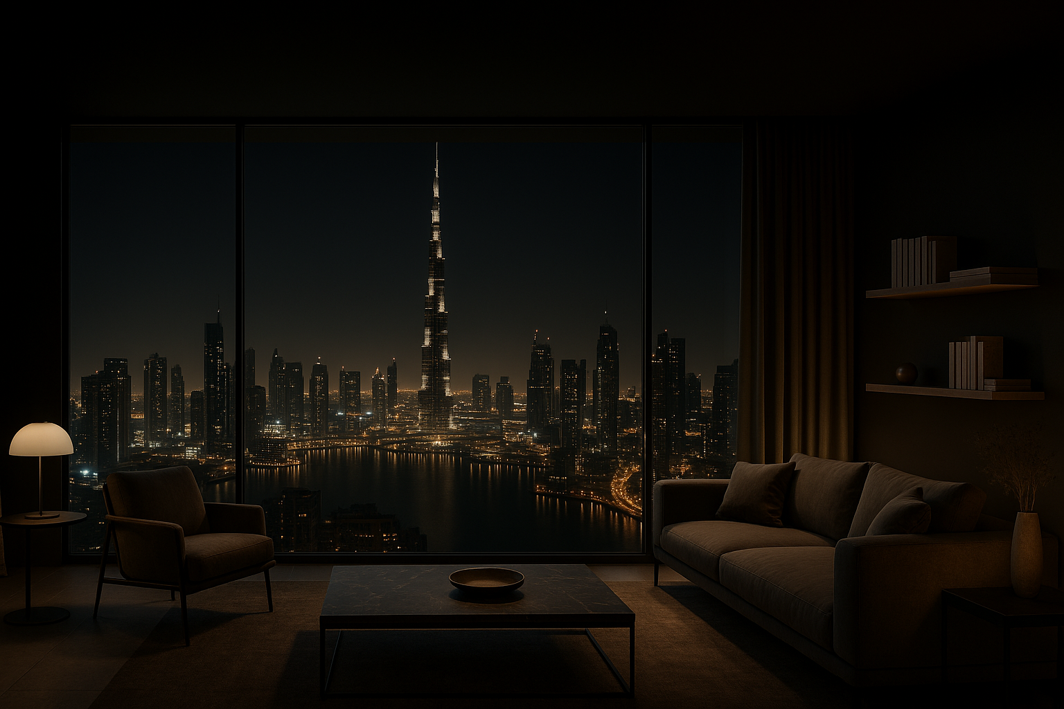 Nighttime view of Dubai skyline with Burj Khalifa through large glass windows, seen from inside a modern living room with dark decor, sofa, armchair, and a coffee table.