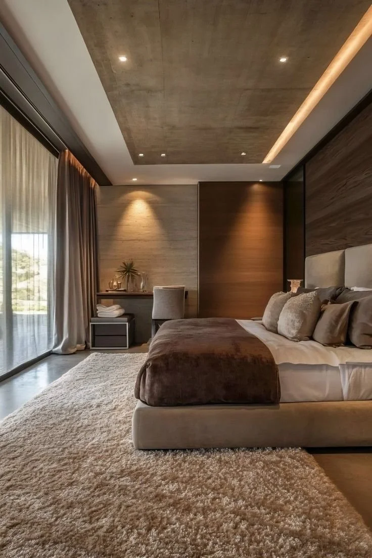 Modern bedroom with a large bed, plush pillows, a soft rug, a sliding glass door with curtains, a small desk with a chair, and minimalist decor.