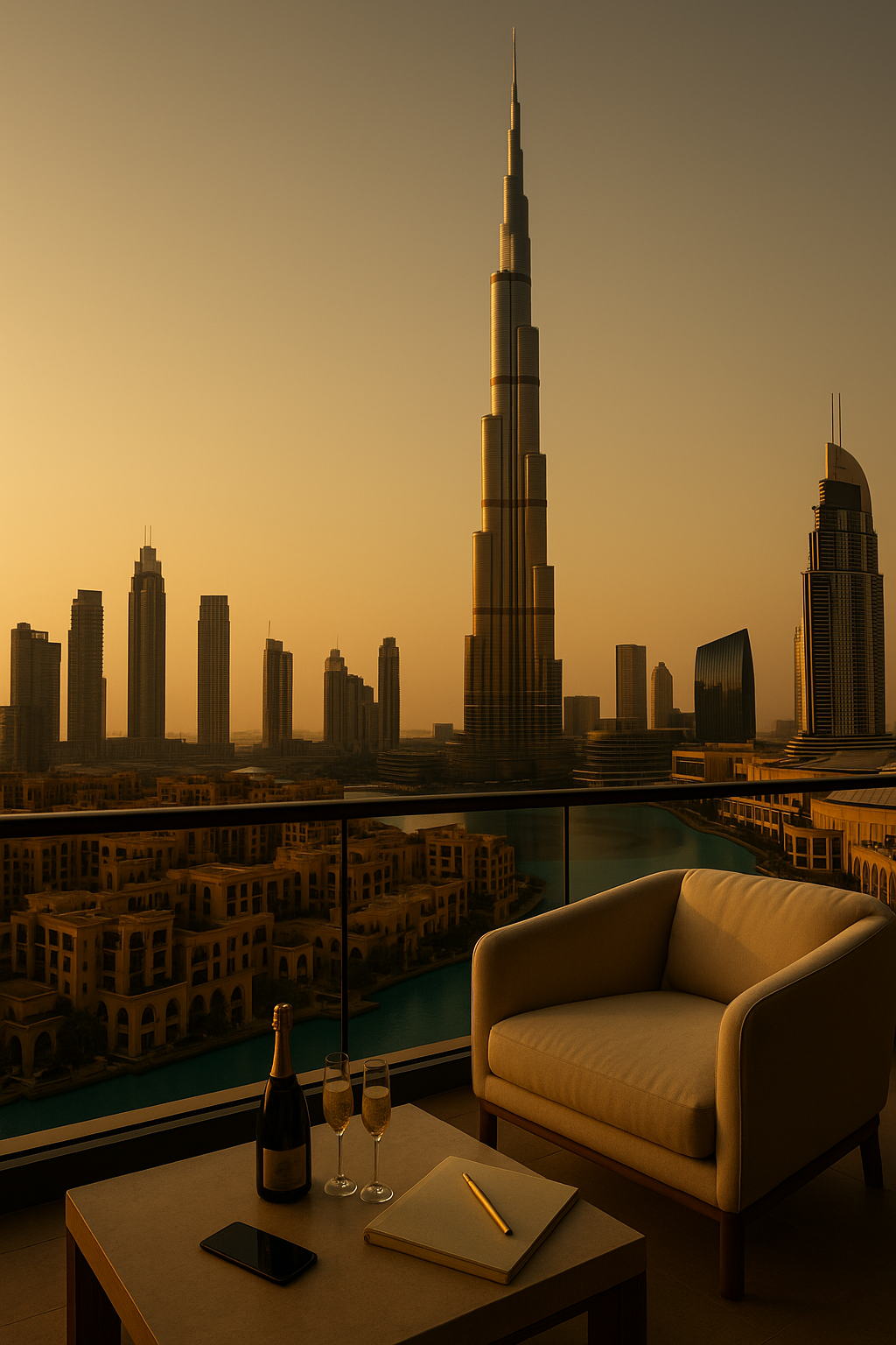 A balcony viewing Dubai skyline at sunset, featuring the Burj Khalifa, a chair, a notebook with a pen, a smartphone, and a champagne bottle with two glasses.