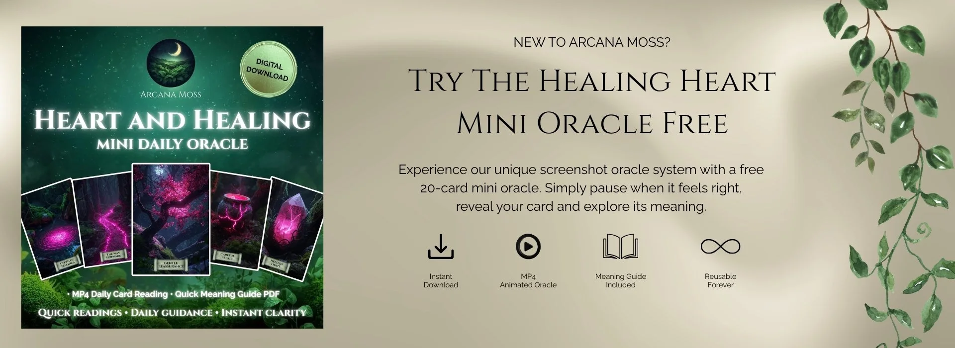 Advertisement for Arcana Moss Heart and Healing Mini Daily Oracle, featuring a green and purple mystical forest scene with pink glowing stones, promoting digital download, MP4 animated oracle, and meaning guide.