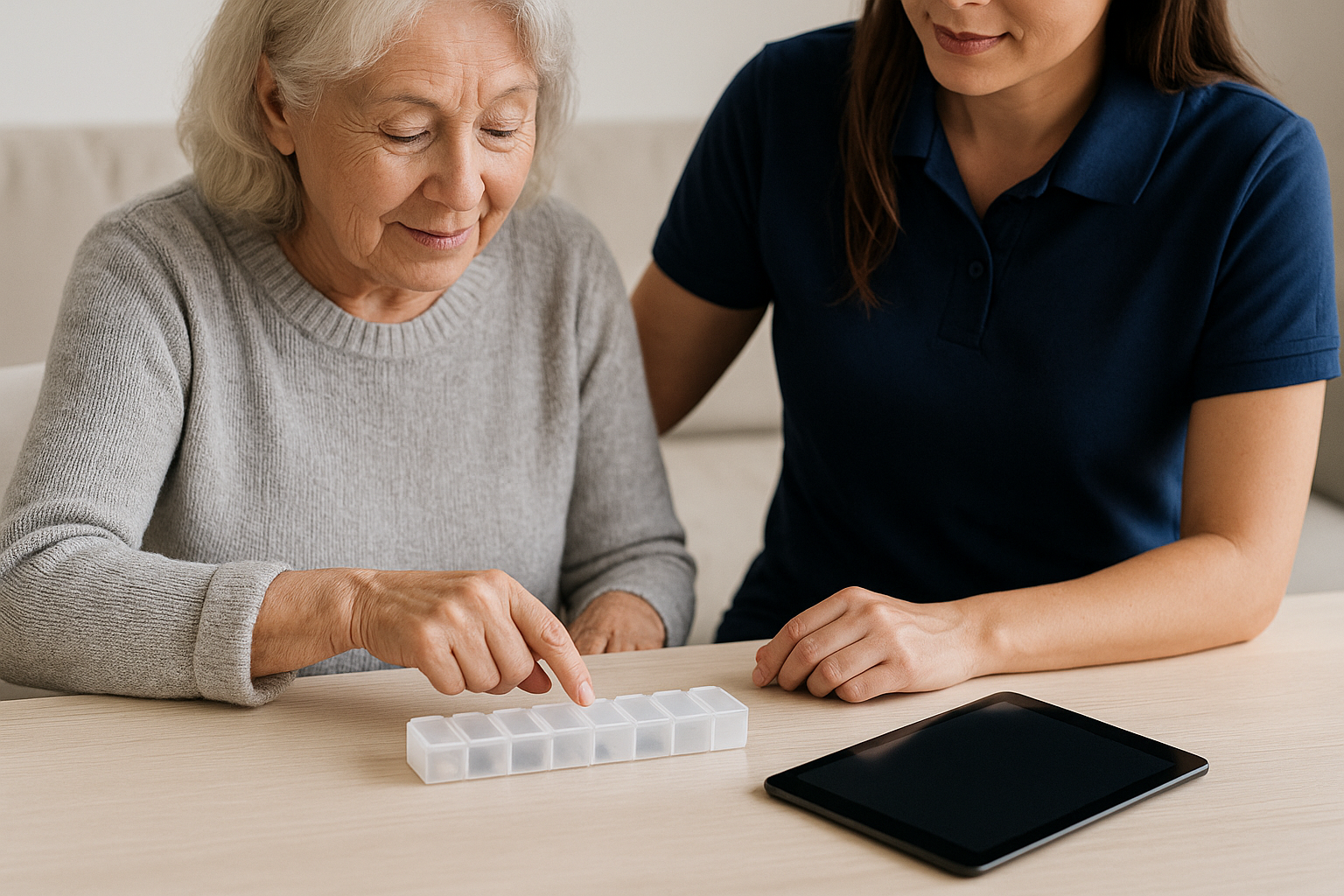 An elderly woman and a caregiver sitting at a table, engaging in a medication management activity with pill organizers and a tablet.
