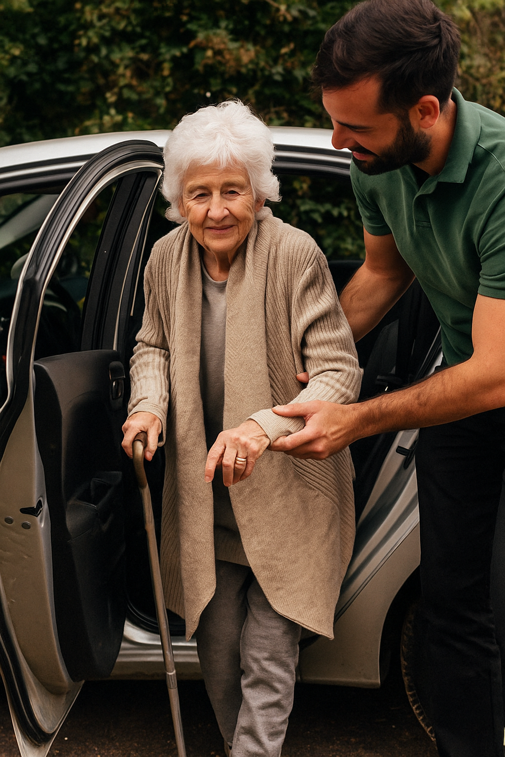 A young man helps an elderly woman get out of a car, supporting her with her arm. The elderly woman has white hair and is using a cane. They are outdoors with greenery in the background.
