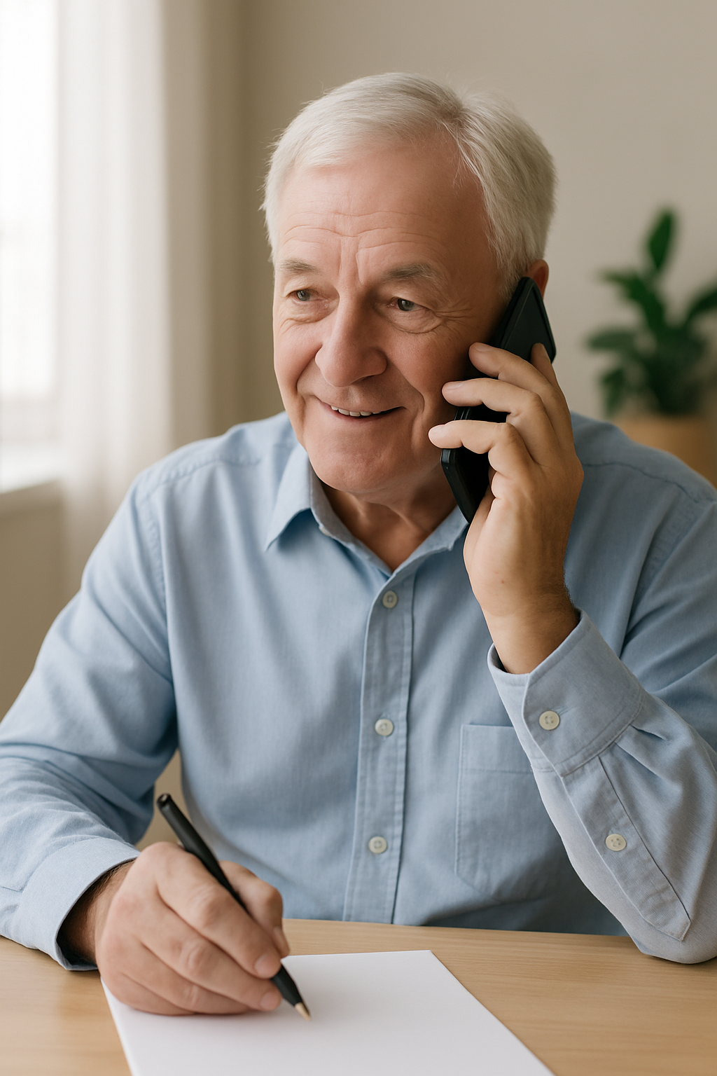 An elderly man with gray hair smiling while talking on a phone and writing on a blank sheet of paper.