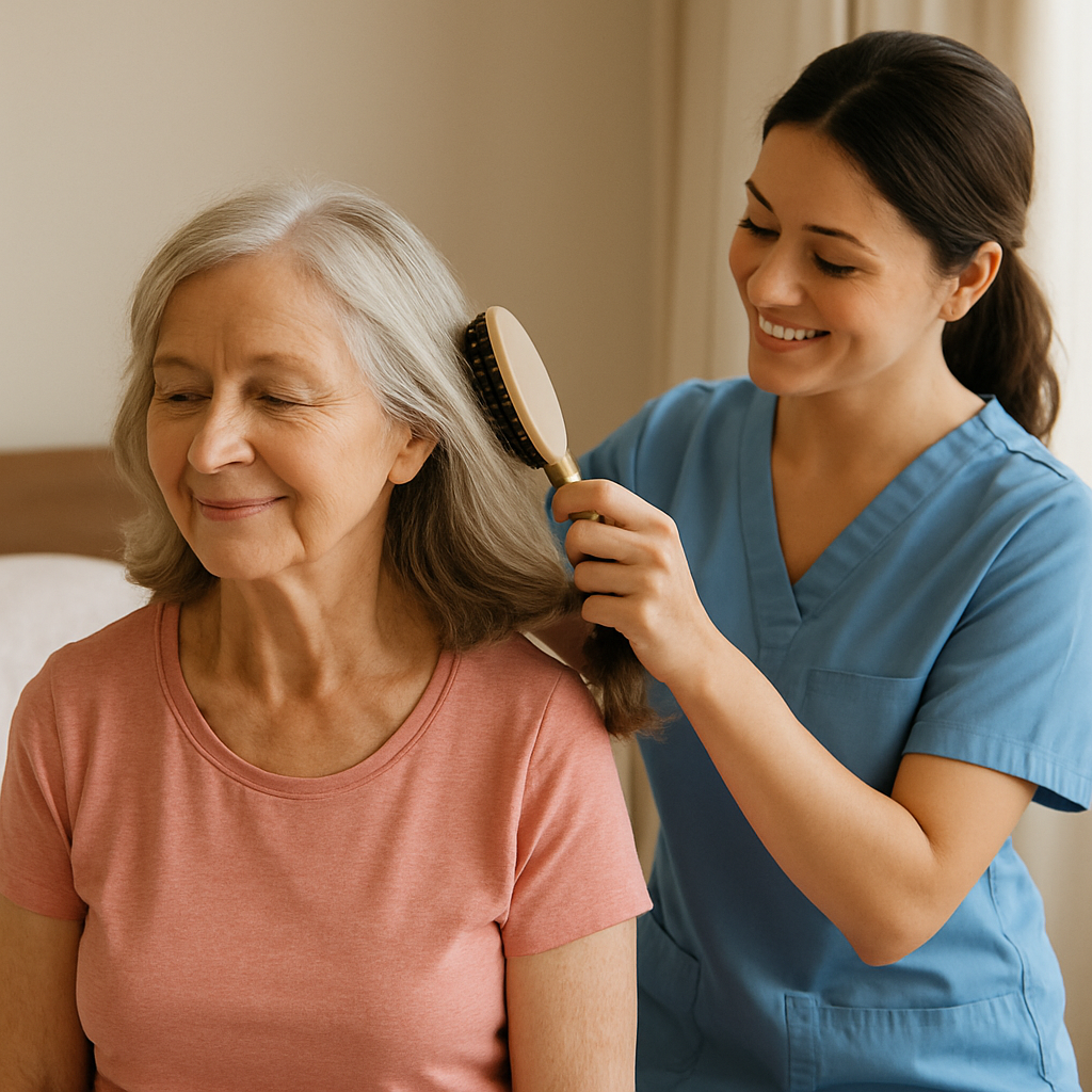 A caregiver brushing an elderly woman's hair in a cozy room with natural light.