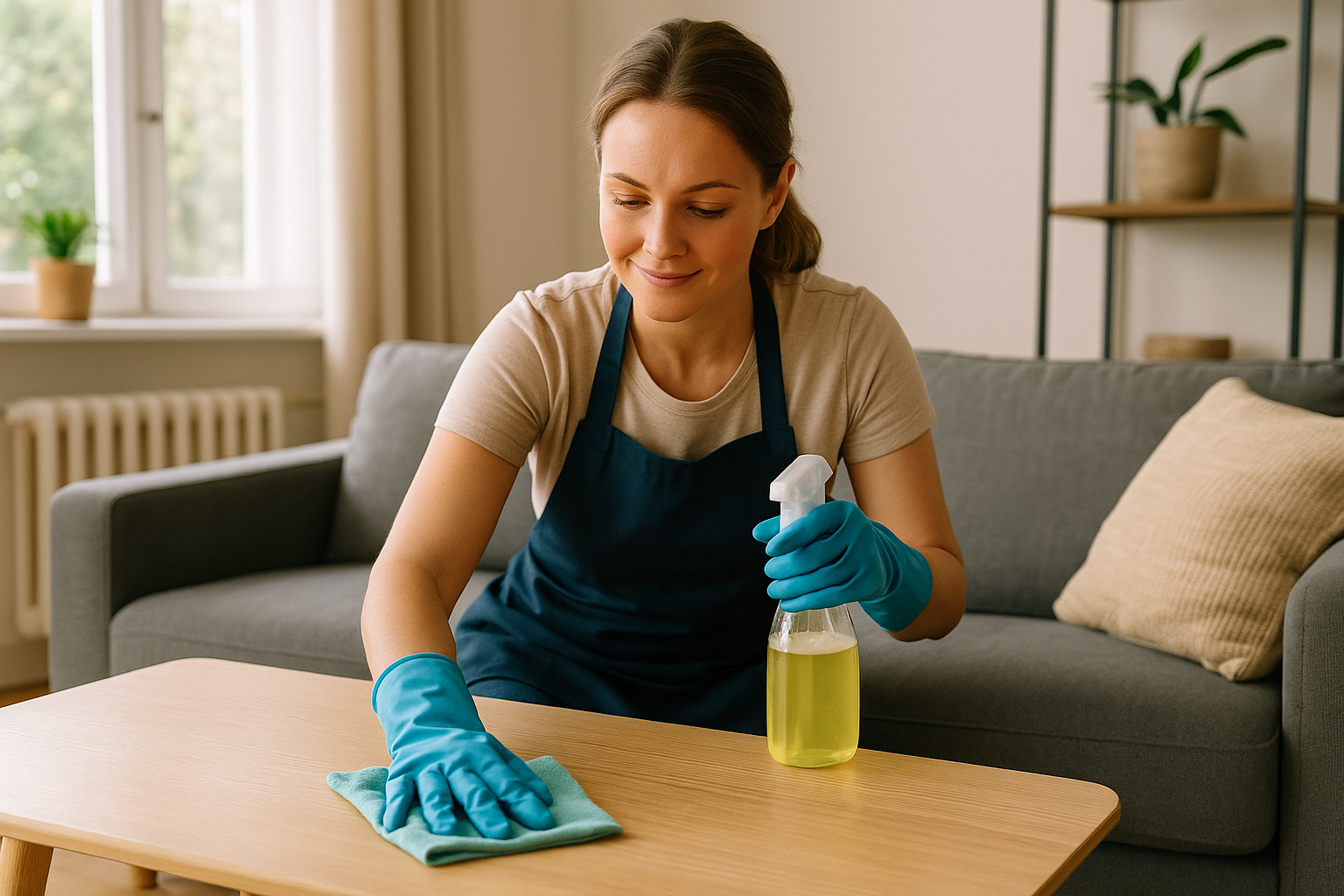 Woman cleaning a wooden table with a spray bottle and a cloth, wearing blue gloves and a dark apron in a living room.