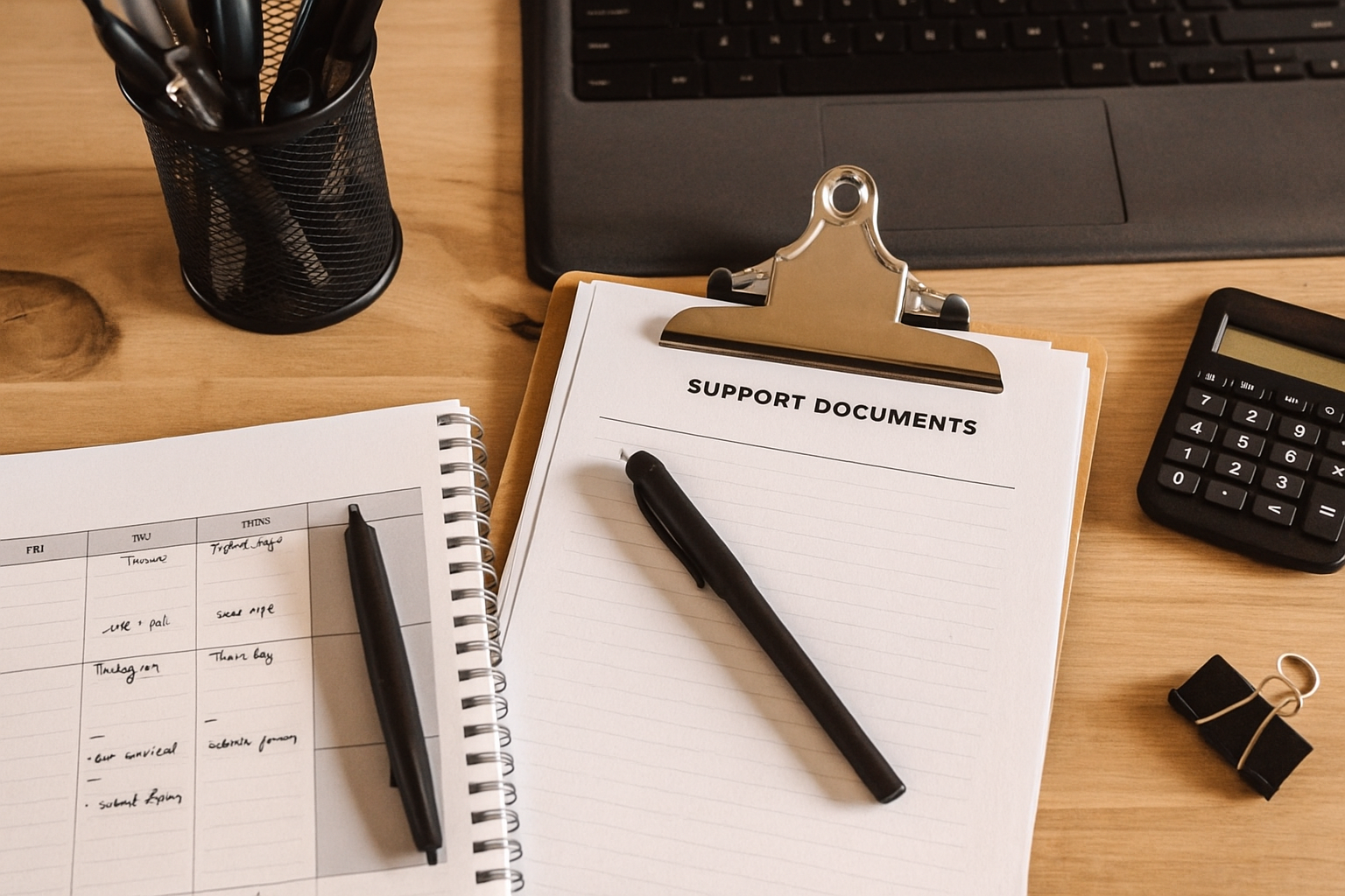 Desk with support documents on a clipboard, a spiral-bound planner, pens, a calculator, a black wire pen holder with pens and scissors, a laptop, and a binder clip on a wooden surface.